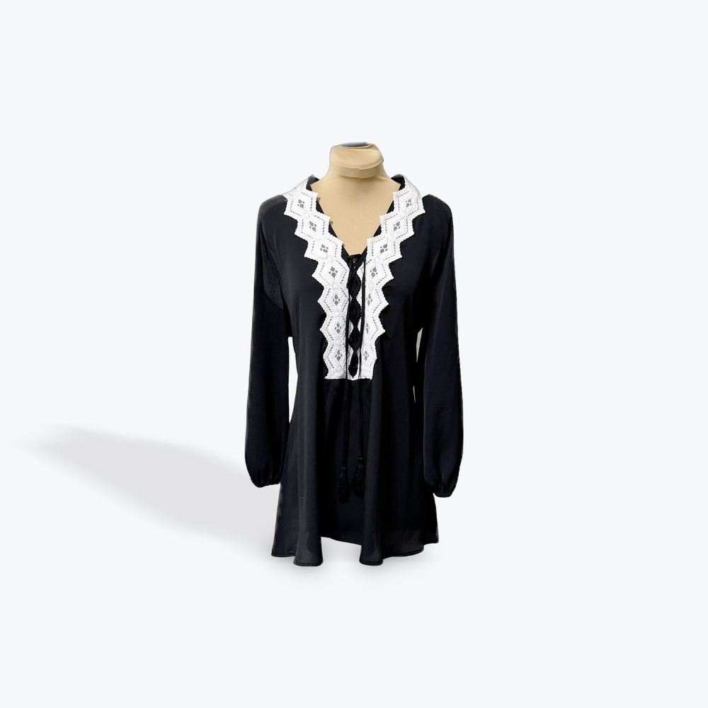 LOVE SCARLETT Black Cold Shoulder Lace Trim Tassel Tie Neck Dress Womens‎ XL